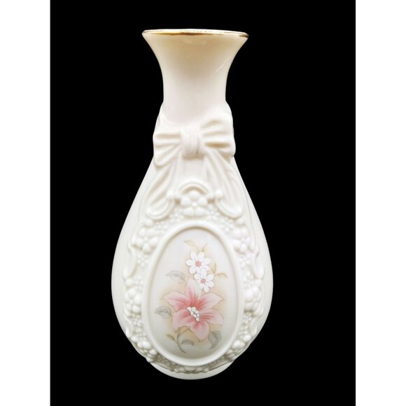 Cameo Ribbon Vase Royal Heritage Hand-Painted Floral Design Bow 6 Inch Vintage - Picture 3 of 16